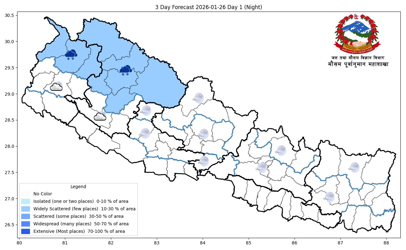 सबै प्रदेशका उच्च पहाडी तथा हिमाली भूभागमा मध्यम हिमपात र वर्षाको सम्भावना